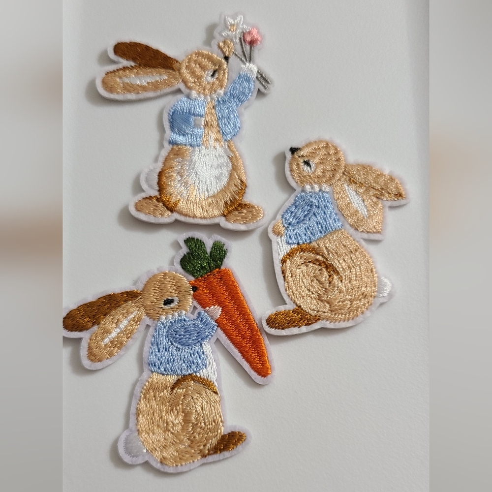 3 embroidered iron on applique patches bunny rabbit Peter rabbit Easter carrot